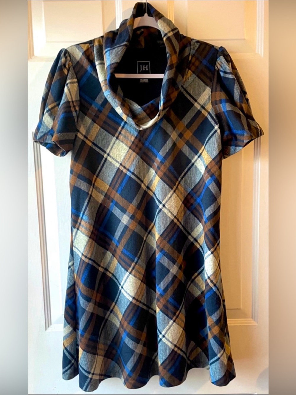 JH Navy Blue Brown Taupe Argyle Diamond Plaid Cowl Neck Puff Sleeve Knit Dress M